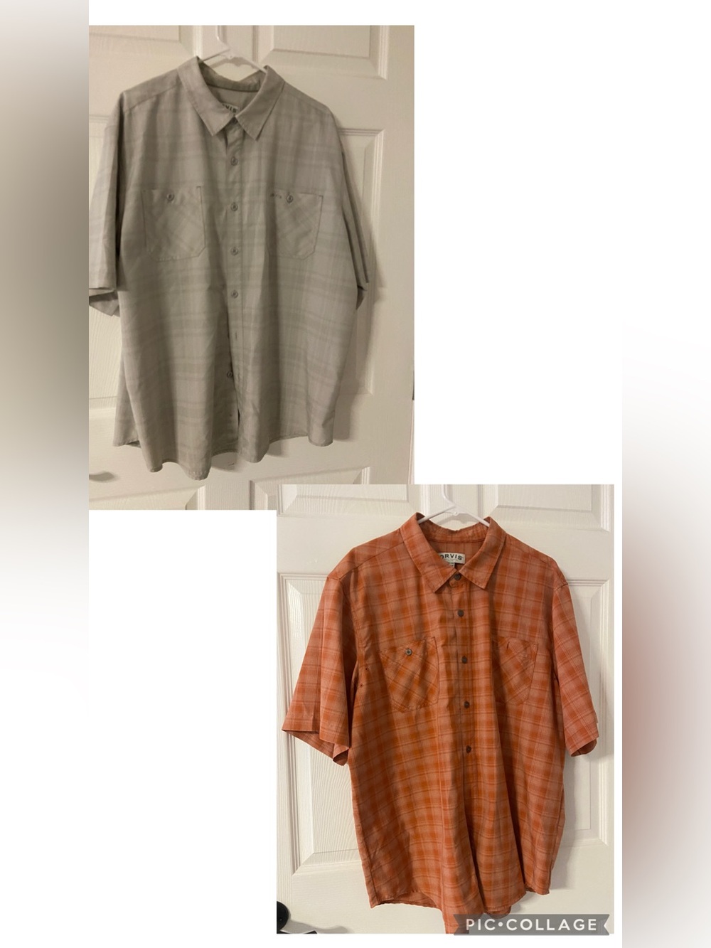T41- 2PC. Lot ORVIS Orange/Beige Plaid Button Up Short Sleeve Shirt